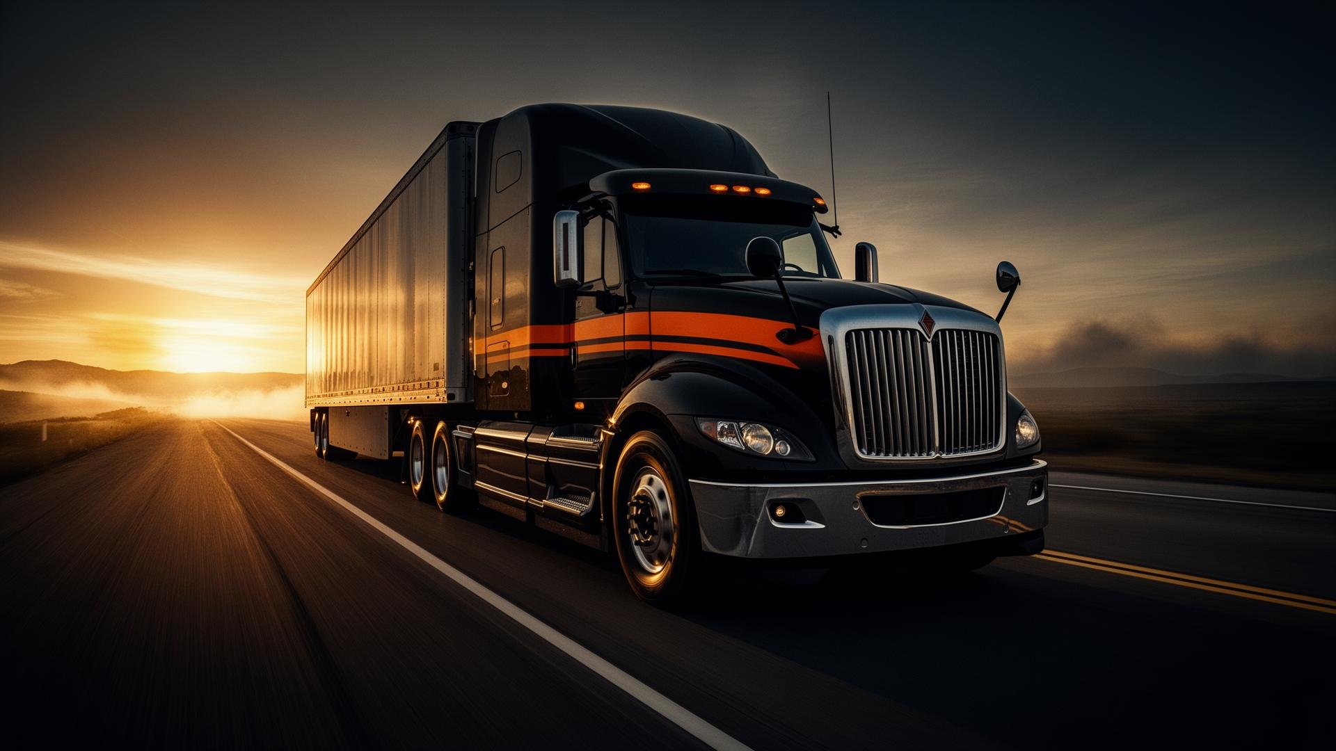 Black semi-truck on highway at dusk